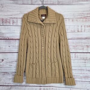 Vtg Susan Ess Camel Chunky Knit Cardigan M Mid Length Winter Lounge Cozy Sweater